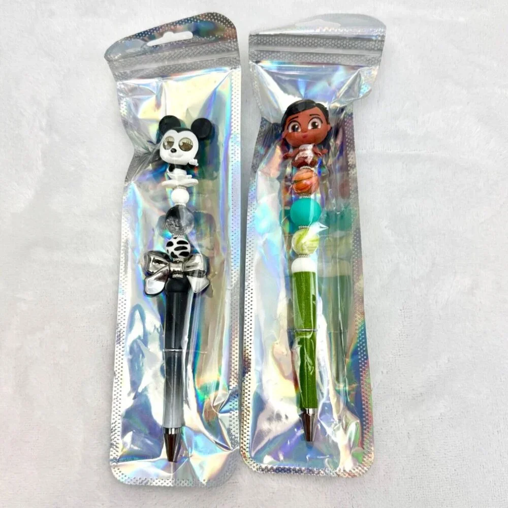 2 (Two) Disney Beaded Writing Pens Moana And Black & White Minnie Mouse